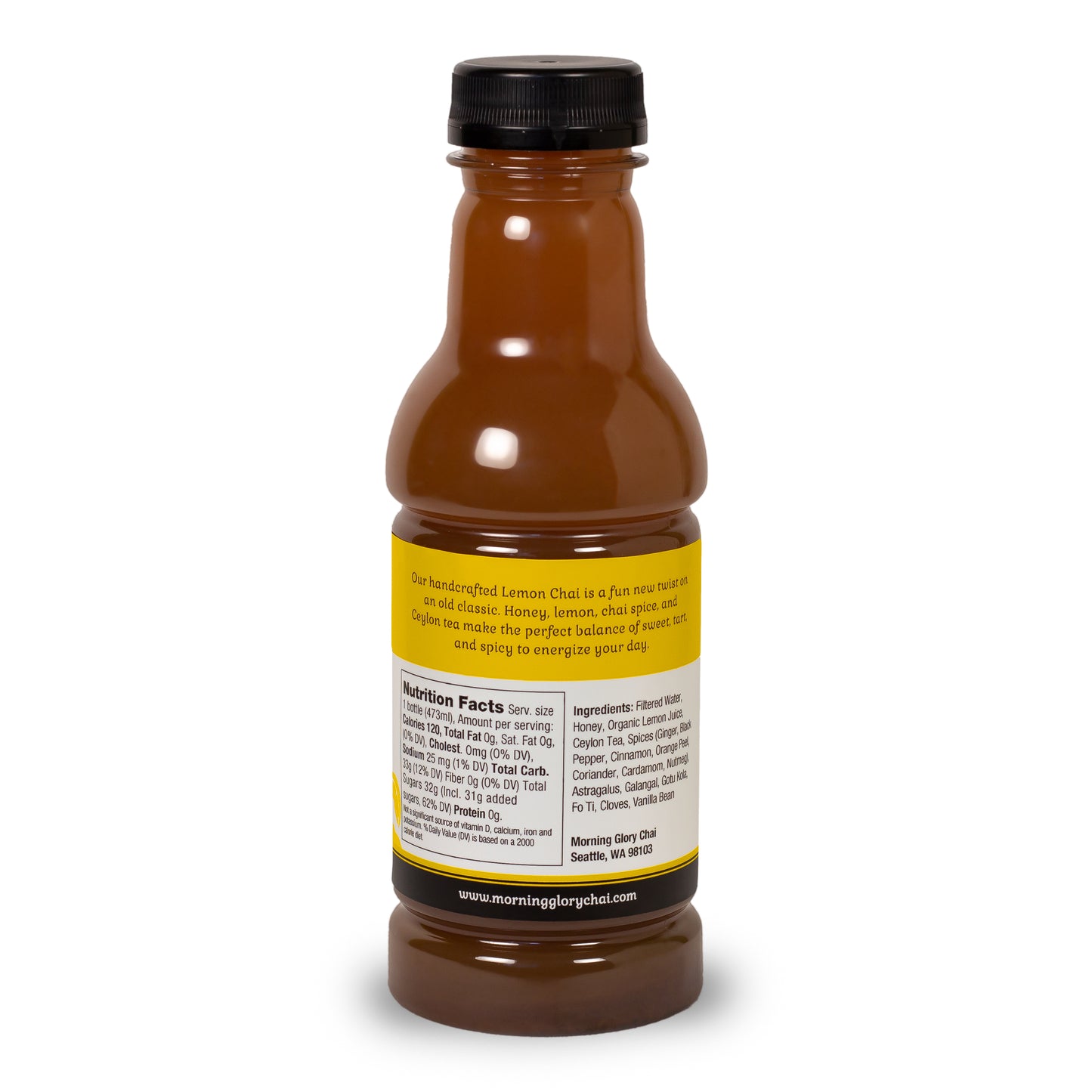 Lemon Chai 16 oz bottle back label brewed Ceylon tea organic lemon juice ginger cinnamon cardamom cloves black pepper astragalus gotu kola coriander orange peel honey
