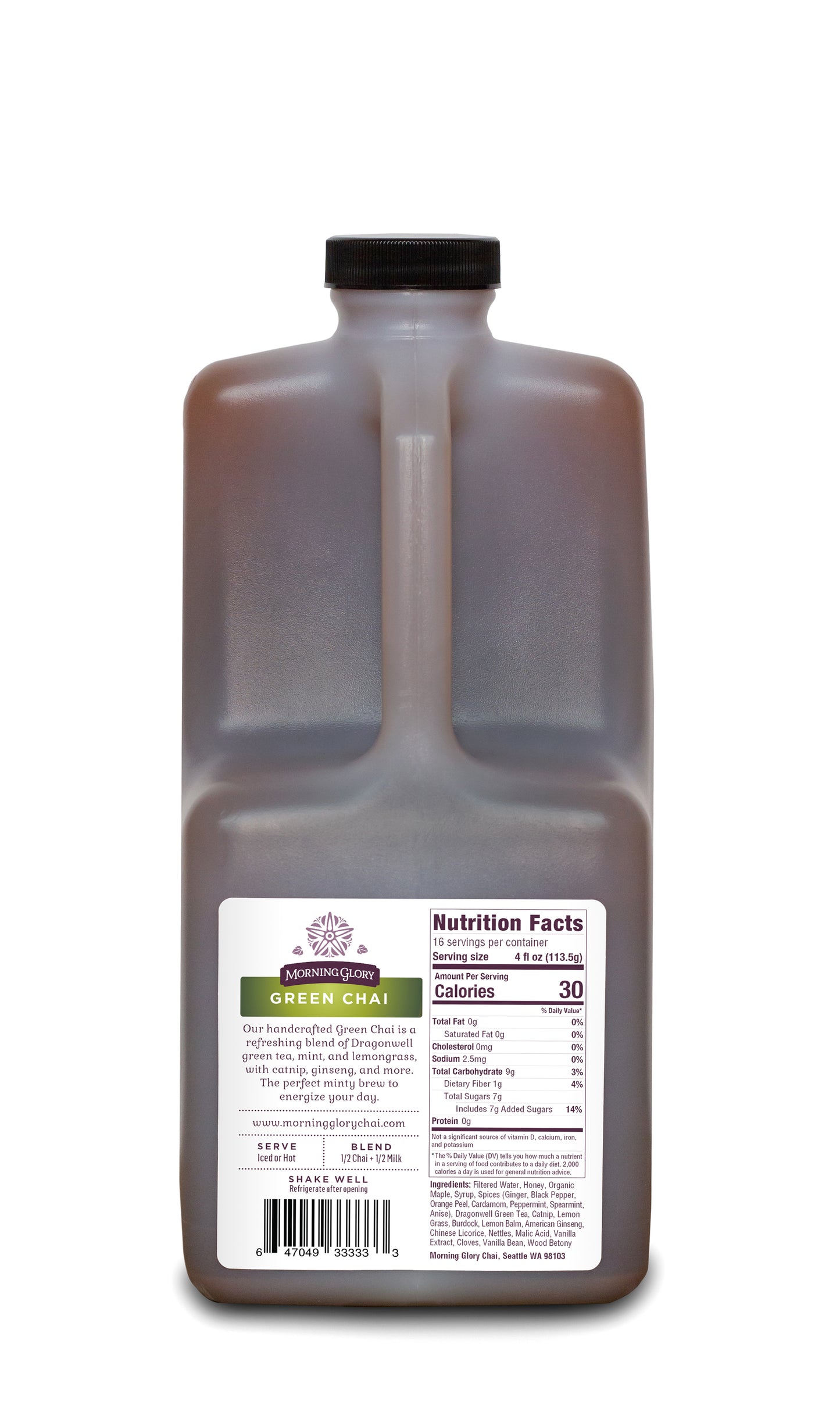 Green Chai 64 oz bottle back label brewed tea contains dragonwell green tea peppermint spearmint lemon grass catnip nettles burdock ginseng honey organic maple syrup