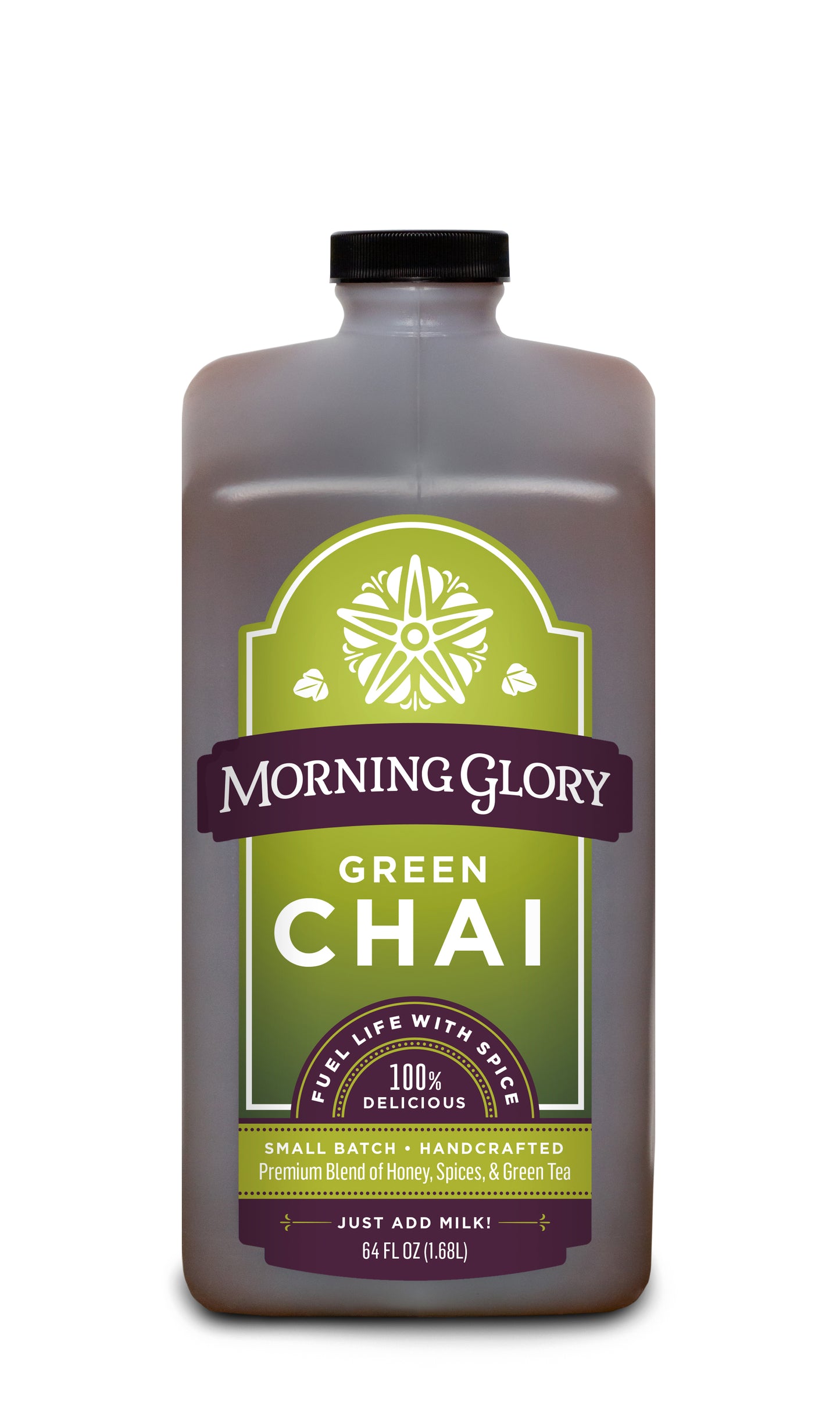 Green Chai 64 oz bottle front label brewed tea contains dragonwell green tea peppermint spearmint lemon grass catnip nettles burdock ginseng honey organic maple syrup