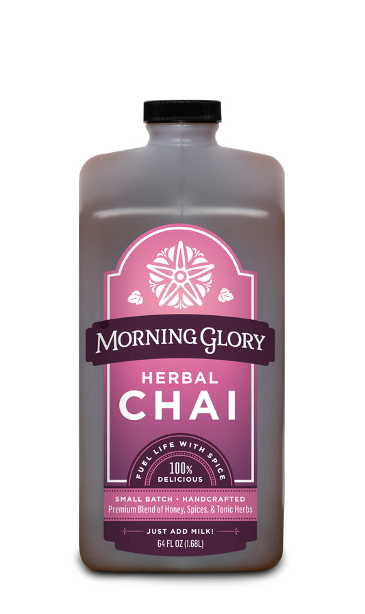 Herbal Chai 64 oz bottle front label brewed herbal chai caffeine free ginger cardamom cinnamon black pepper cloves astragalus gotu kola orange peel coriander vanilla bean honey organic maple syrup