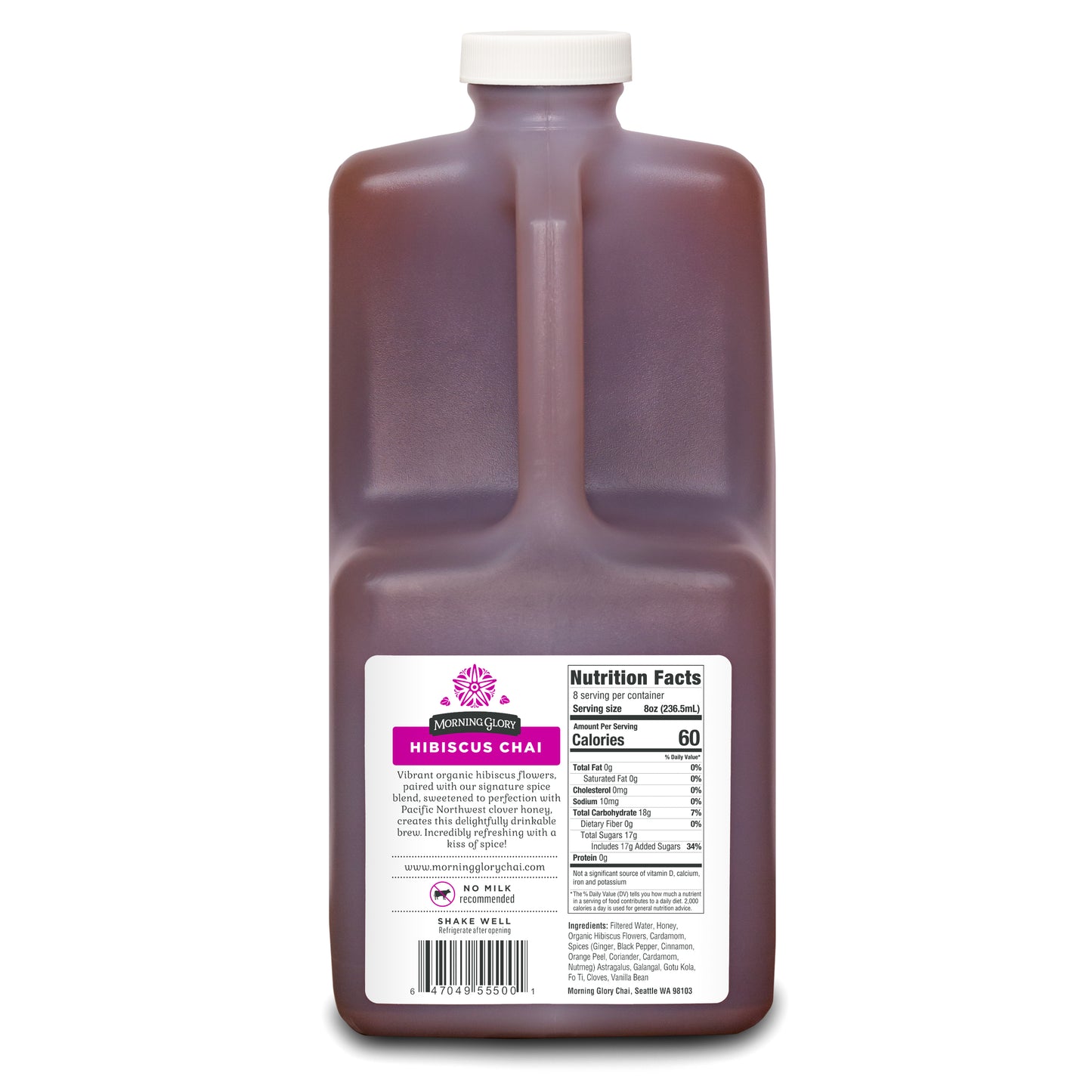 Hibiscus Chai 64 oz bottle back label brewed organic hibiscus cinnamon cardamom black pepper cloves astragalus gotu kola coriander vanilla bean honey