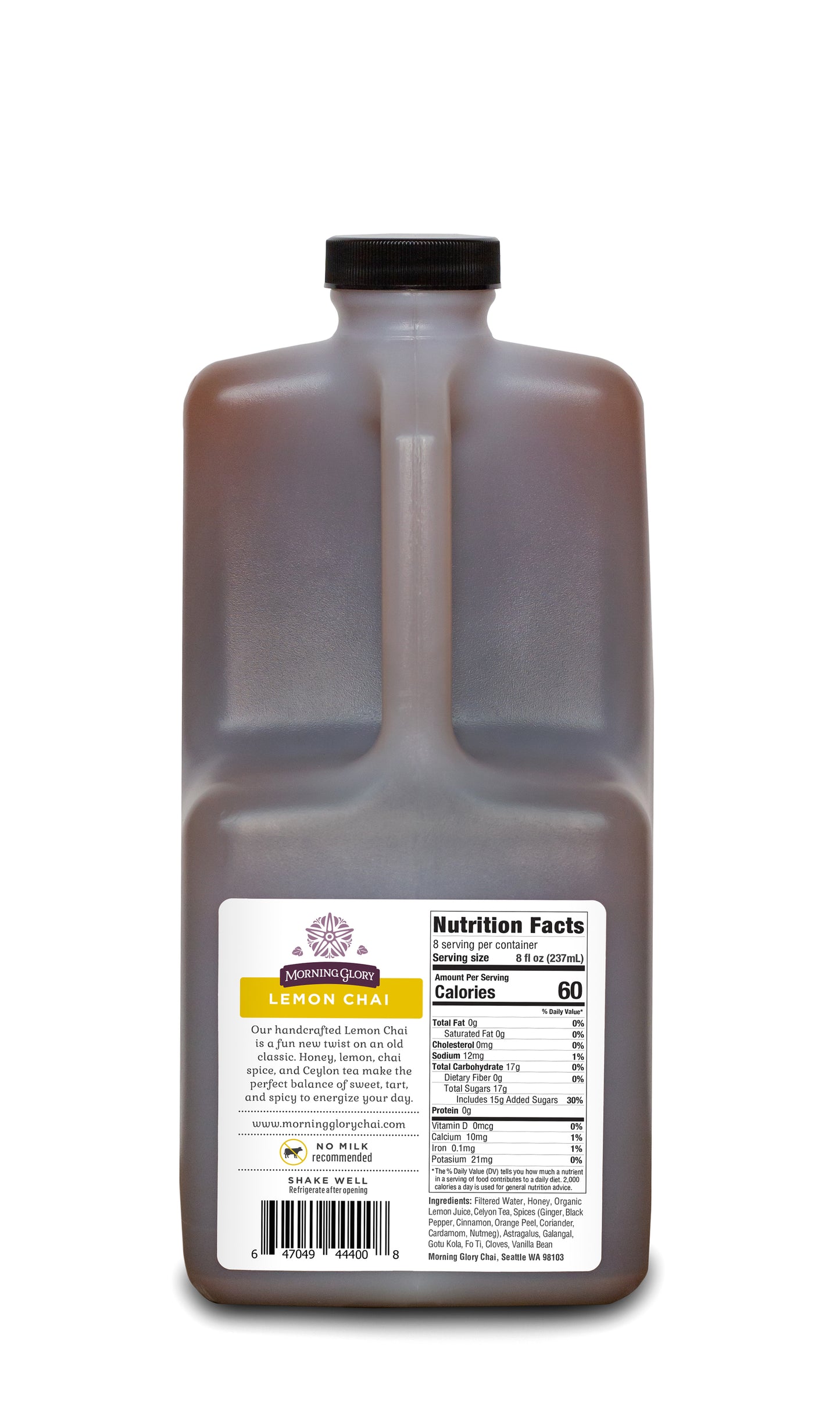 Lemon Chai 64 oz bottle back label brewed Ceylon tea organic lemon juice ginger cinnamon cardamom cloves black pepper astragalus gotu kola coriander orange peel honey