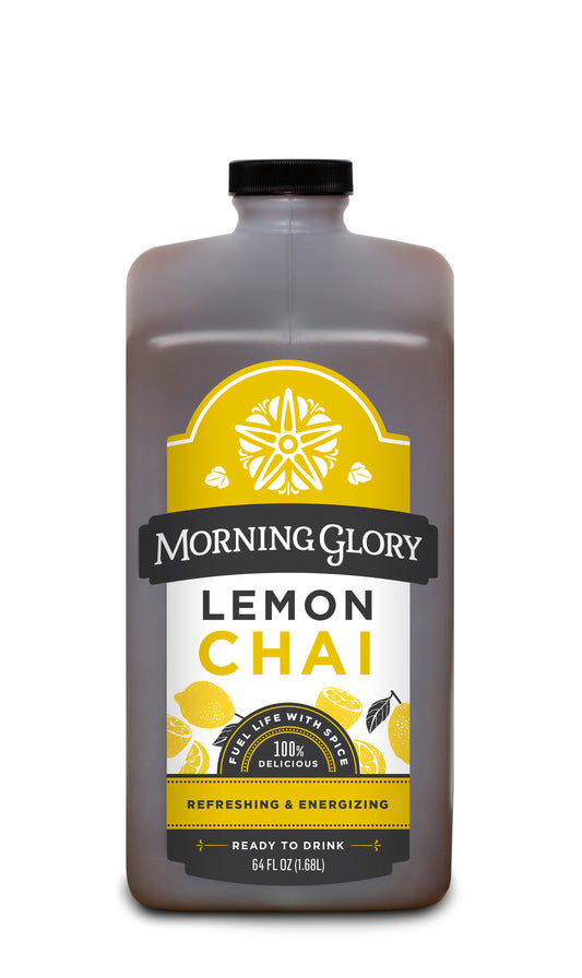 Lemon Chai 64 oz bottle front label brewed Ceylon tea organic lemon juice ginger cinnamon cardamom cloves black pepper astragalus gotu kola coriander orange peel honey