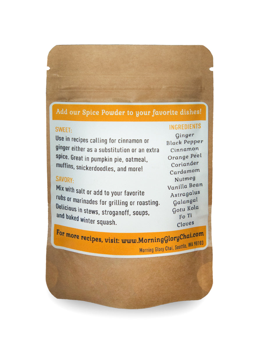 Spiced chai powder 1 oz pouch spice blend cinnamon ginger black pepper cardamon cloves coriander gotu kola astragalus