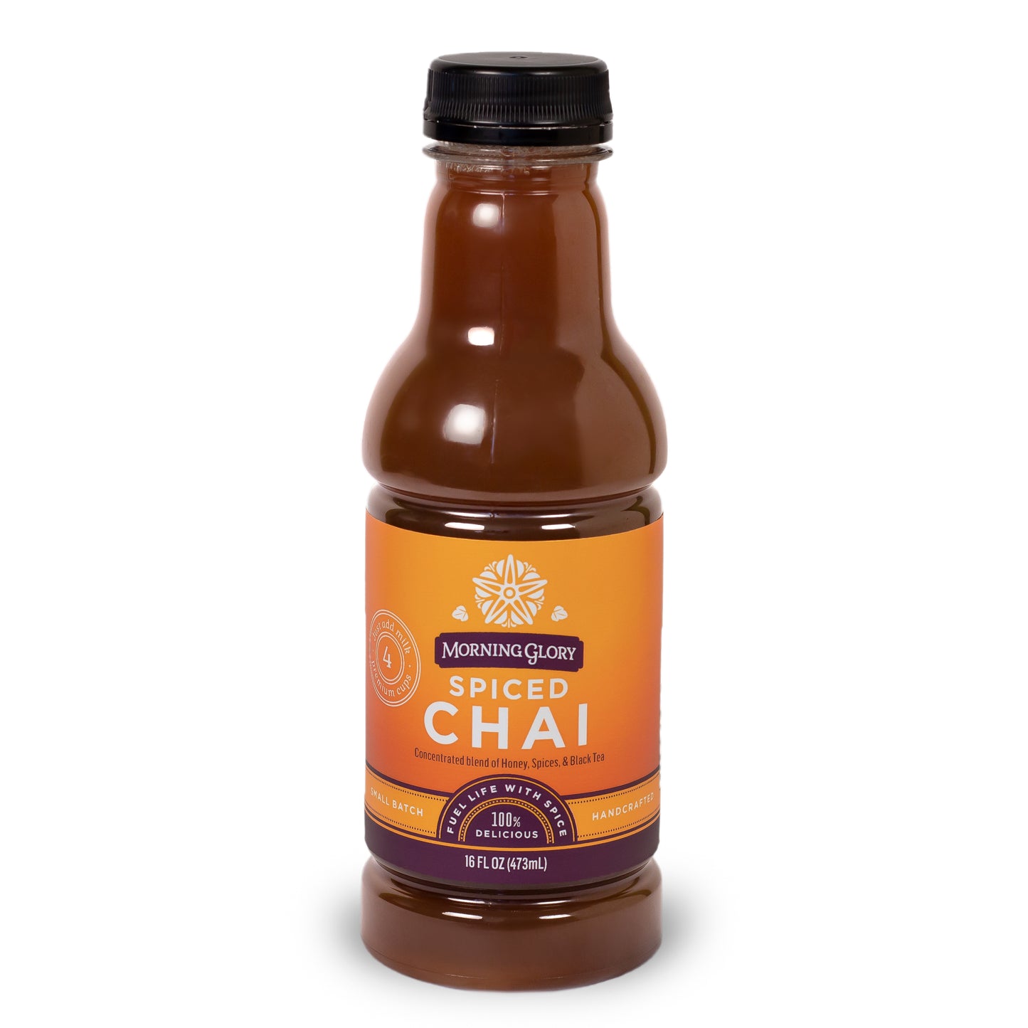 Spiced Chai 16 oz bottle front label brewed spicy chai Assam black tea ginger cardamom cinnamon black pepper cloves astragalus gotu kola ginkgo orange peel coriander vanilla bean honey organic maple syrup