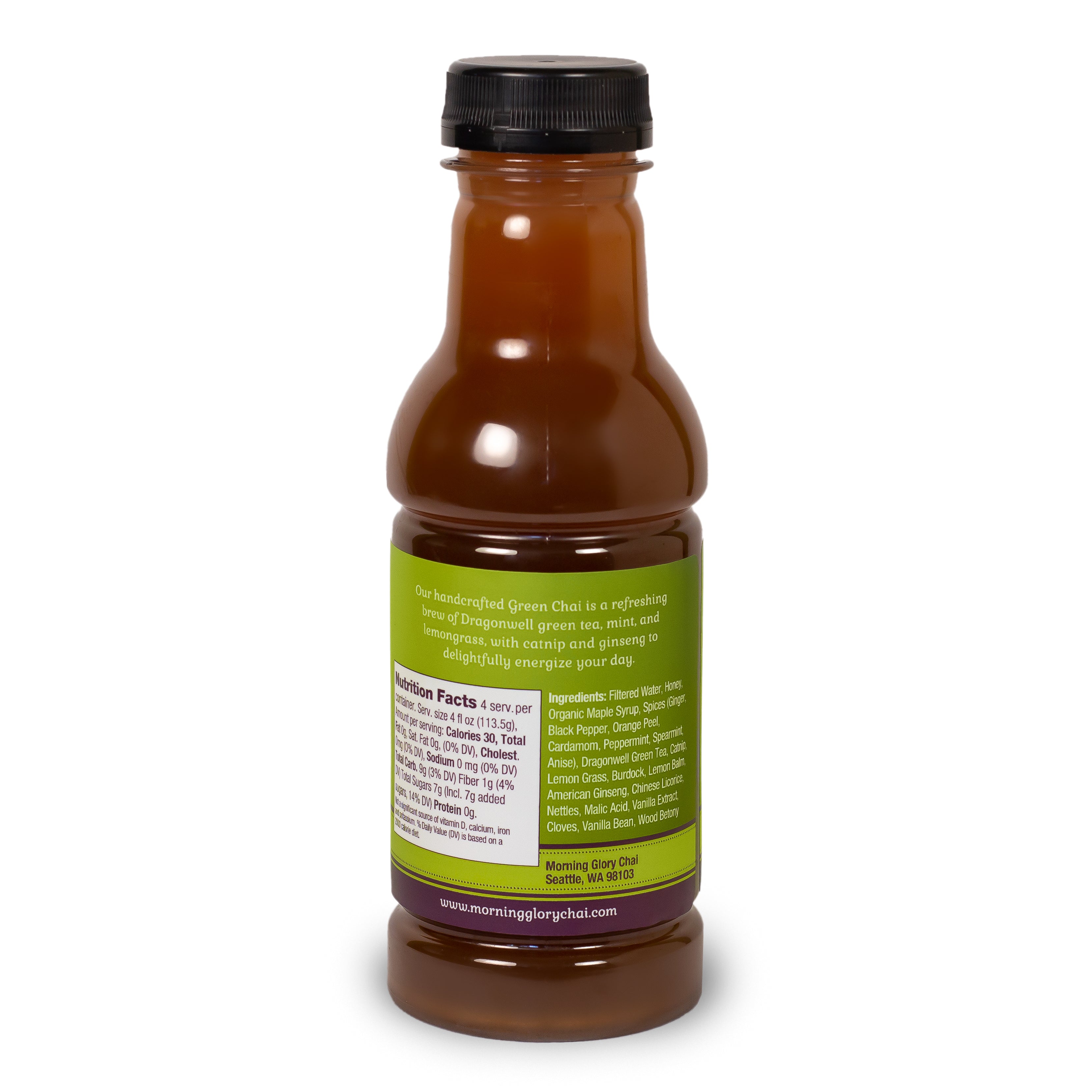 Green Chai 16 oz bottle back label brewed tea contains dragonwell green tea peppermint spearmint lemon grass catnip nettles burdock ginseng honey organic maple syrup