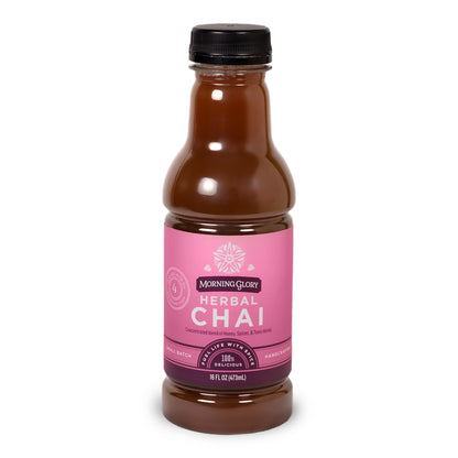 Herbal Chai 16 oz bottle front label brewed herbal chai caffeine free ginger cardamom cinnamon black pepper cloves astragalus gotu kola orange peel coriander vanilla bean honey organic maple syrup