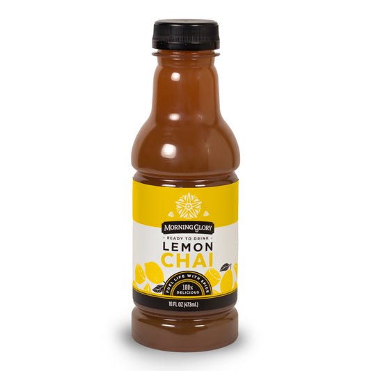 Lemon Chai 16 oz bottle front label brewed Ceylon tea organic lemon juice ginger cinnamon cardamom cloves black pepper astragalus gotu kola coriander orange peel honey
