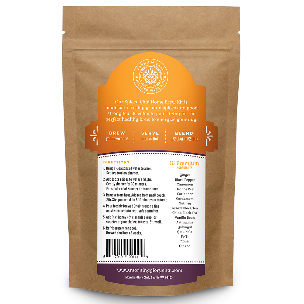 Spiced Chai Home Brew Kit 3.5 oz stand up pouch loose leaf tea back label spicy chai Assam black tea ginger cardamom cinnamon black pepper cloves astragalus gotu kola ginkgo orange peel coriander vanilla bean