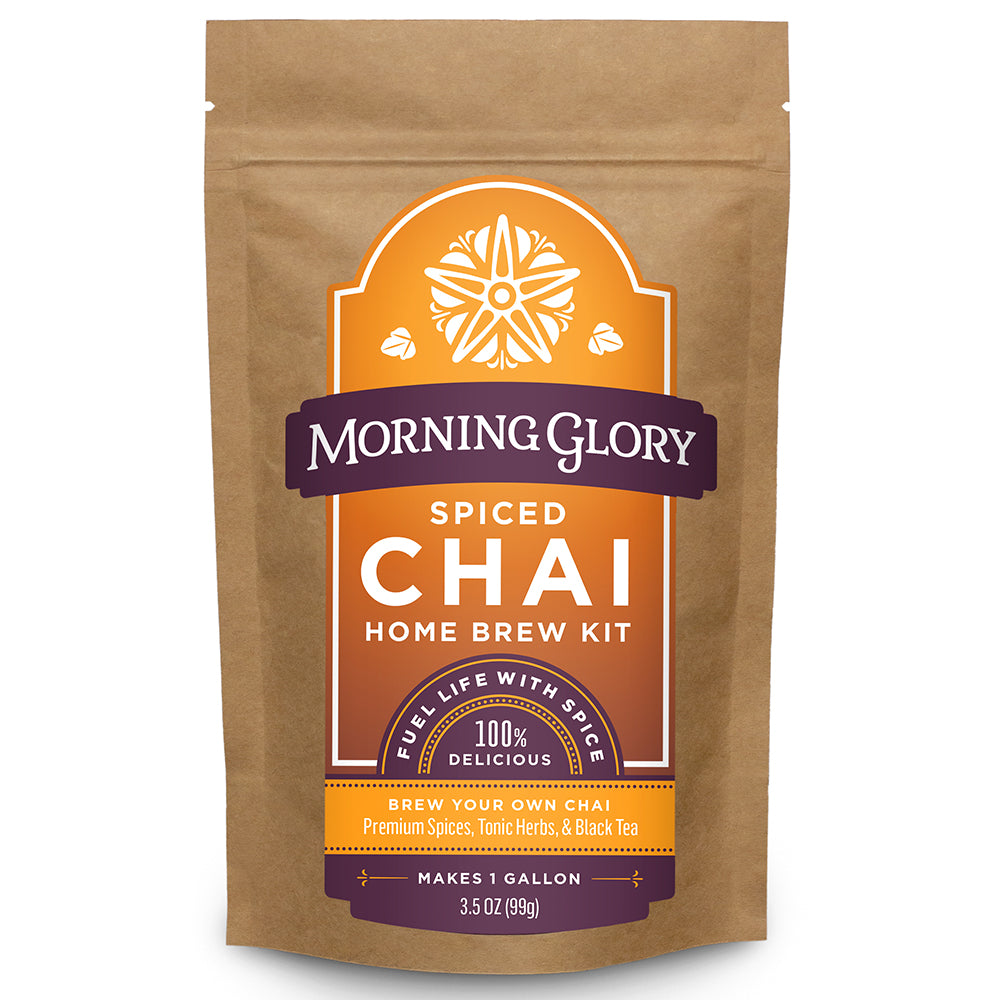 Spiced Chai Home Brew Kit 3.5 oz stand up pouch loose leaf tea front label spicy chai Assam black tea ginger cardamom cinnamon black pepper cloves astragalus gotu kola ginkgo orange peel coriander vanilla bean