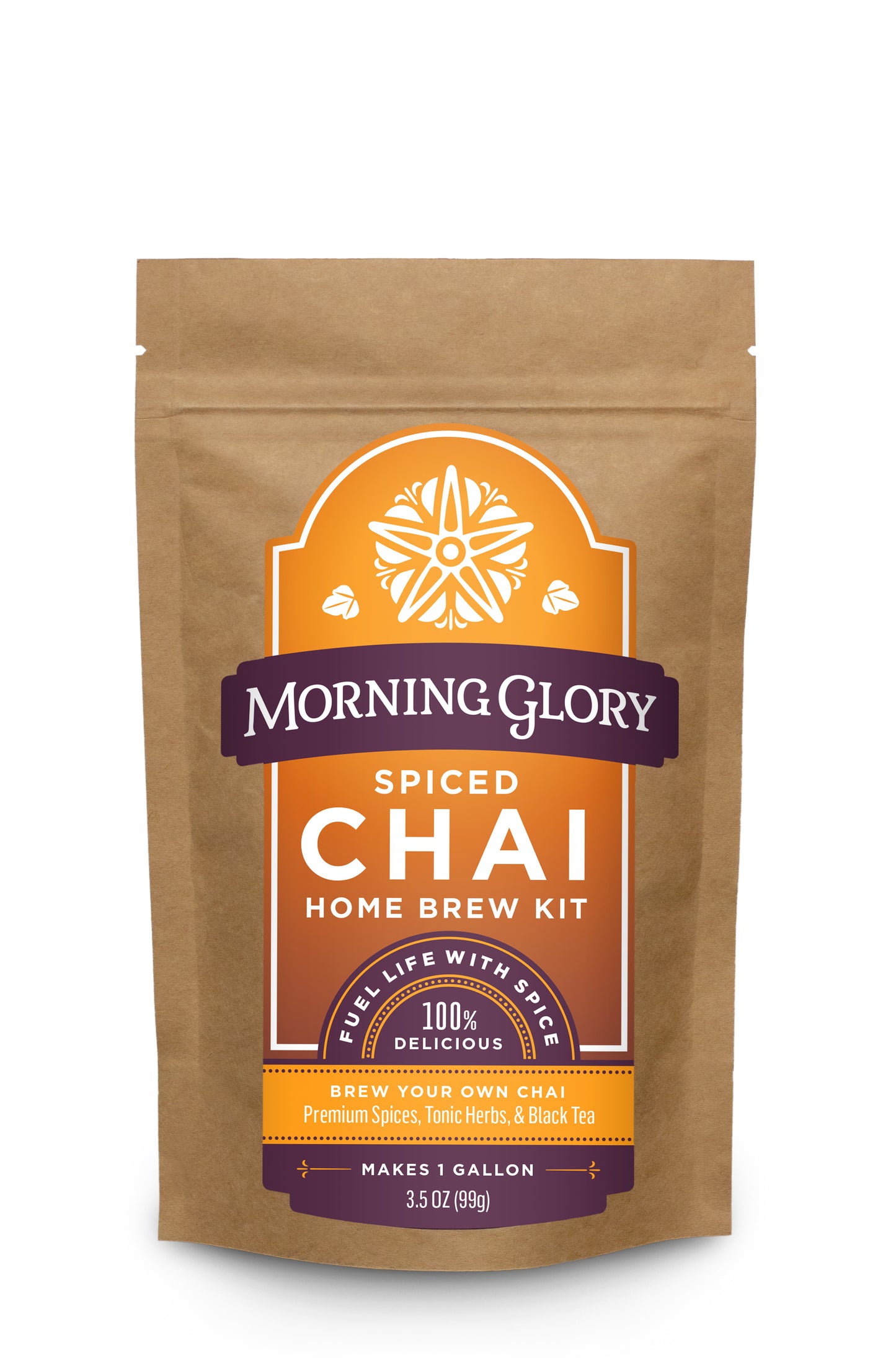 Spiced Chai Home Brew Kit 3.5 oz stand up pouch loose leaf tea front label spicy chai Assam black tea ginger cardamom cinnamon black pepper cloves astragalus gotu kola ginkgo orange peel coriander vanilla bean