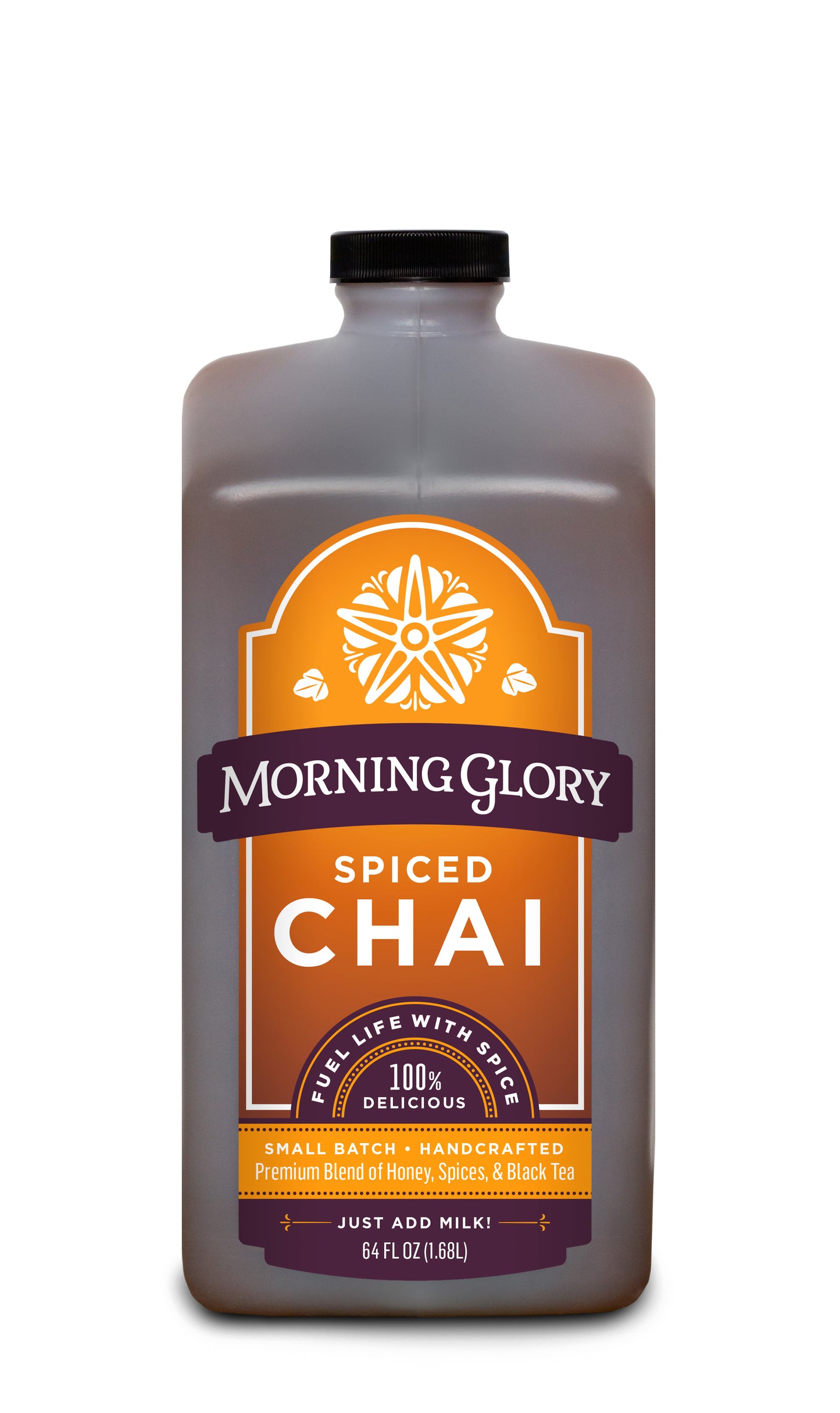 Spiced Chai 64 oz bottle front label brewed spicy chai Assam black tea ginger cardamom cinnamon black pepper cloves astragalus gotu kola ginkgo orange peel coriander vanilla bean honey organic maple syrup