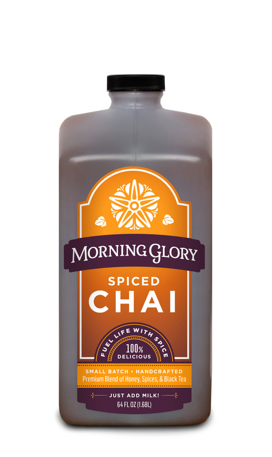 Spiced Chai 64 oz bottle front label brewed spicy chai Assam black tea ginger cardamom cinnamon black pepper cloves astragalus gotu kola ginkgo orange peel coriander vanilla bean honey organic maple syrup