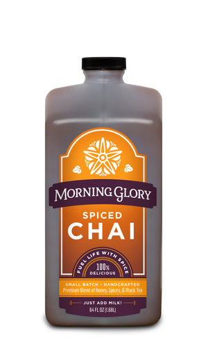 Spiced Chai 64 oz bottle front label brewed spicy chai Assam black tea ginger cardamom cinnamon black pepper cloves astragalus gotu kola ginkgo orange peel coriander vanilla bean honey organic maple syrup
