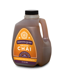 Spiced Chai 32 oz bottle front label brewed spicy chai Assam black tea ginger cardamom cinnamon black pepper cloves astragalus gotu kola ginkgo orange peel coriander vanilla bean honey organic maple syrup