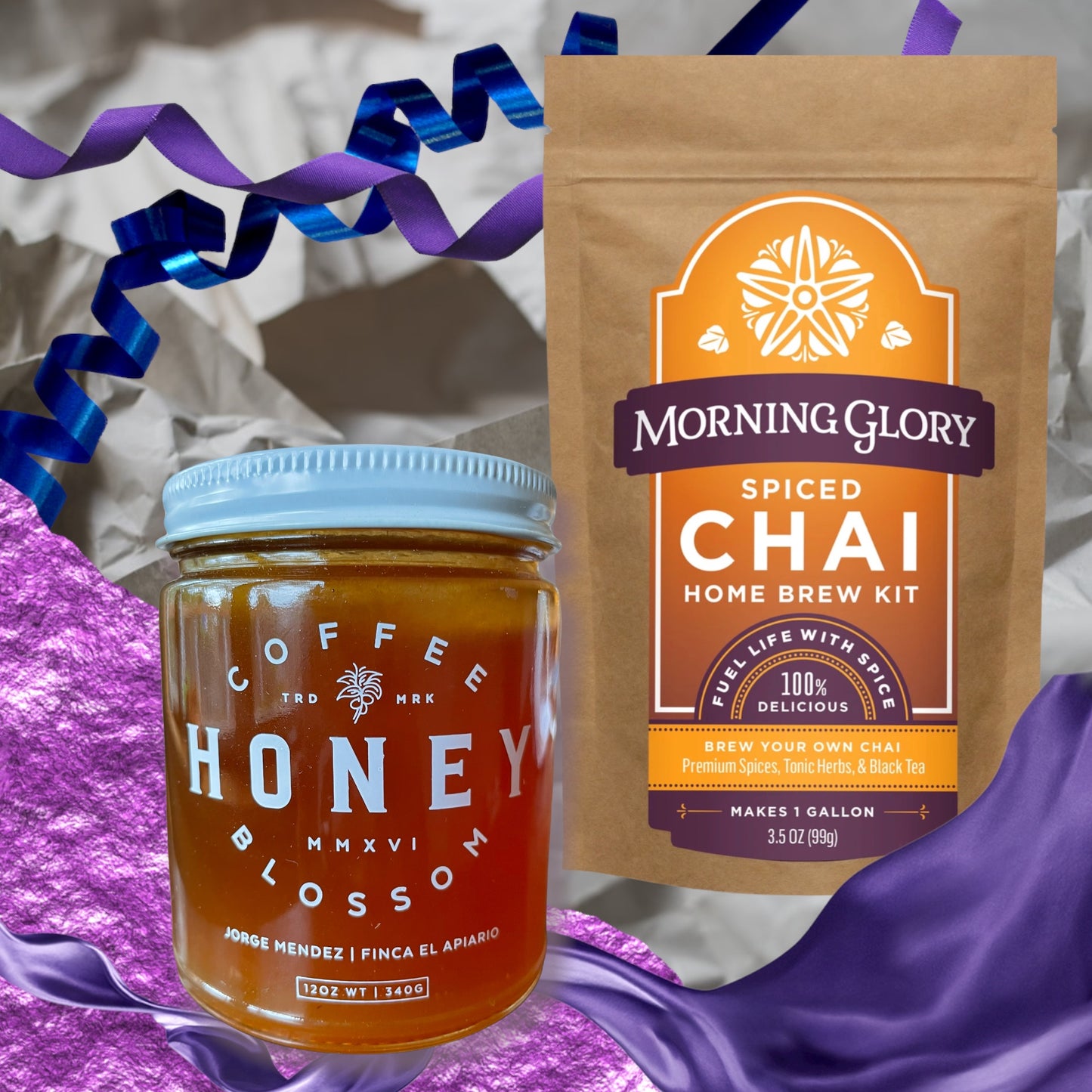 Jar of Coffee Blossom Honey and Spiced Chai Home Brew Kit 3.5 oz loose leaf chai brewing kit on festive background