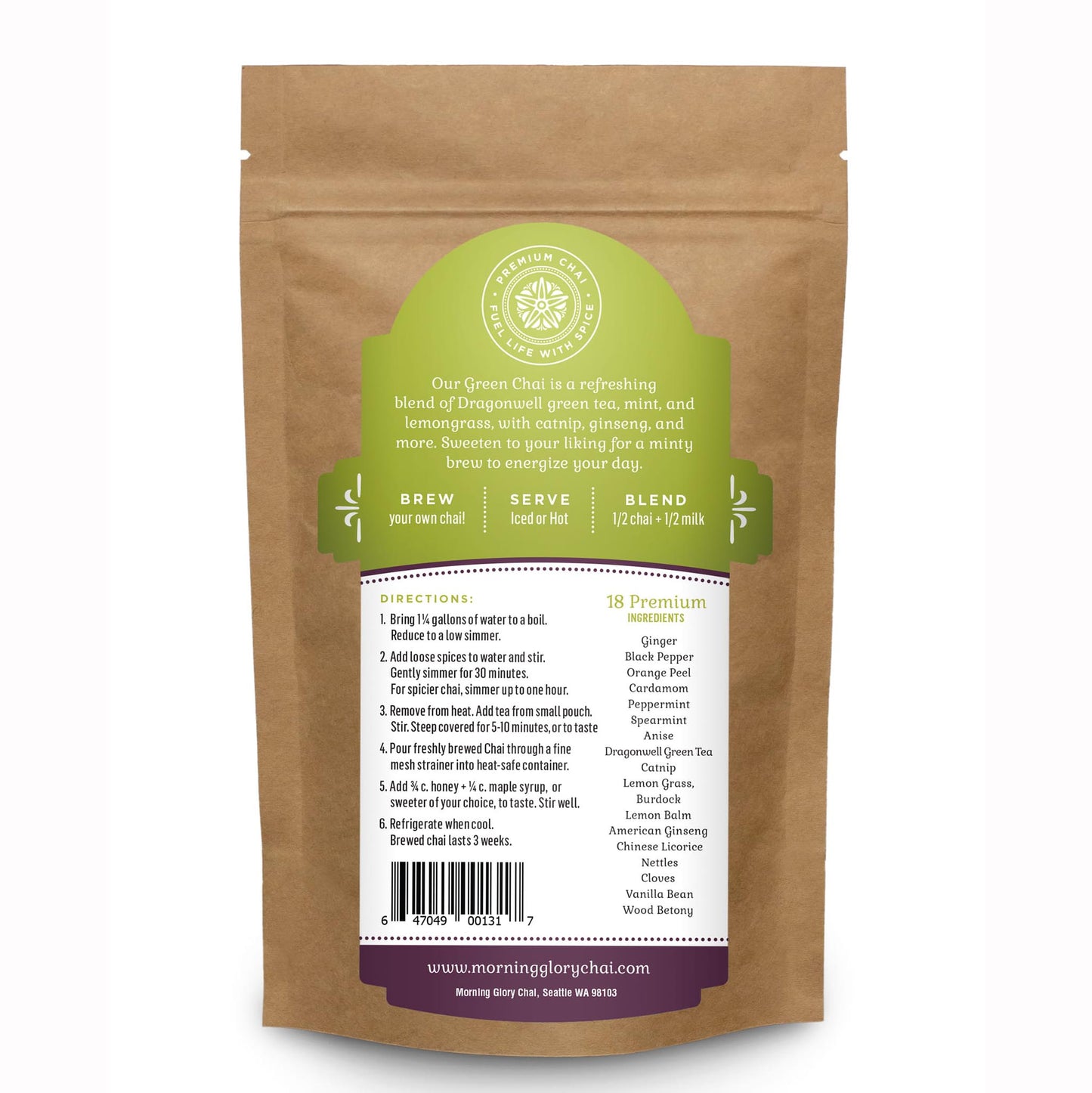 Green Chai 3.5 oz stand up pouch loose leaf tea back label dragonwell green tea peppermint spearmint lemon grass catnip nettles burdock ginseng