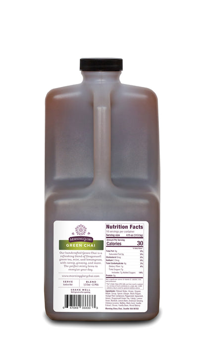 Green Chai 64 oz bottle back label brewed tea contains dragonwell green tea peppermint spearmint lemon grass catnip nettles burdock ginseng honey organic maple syrup