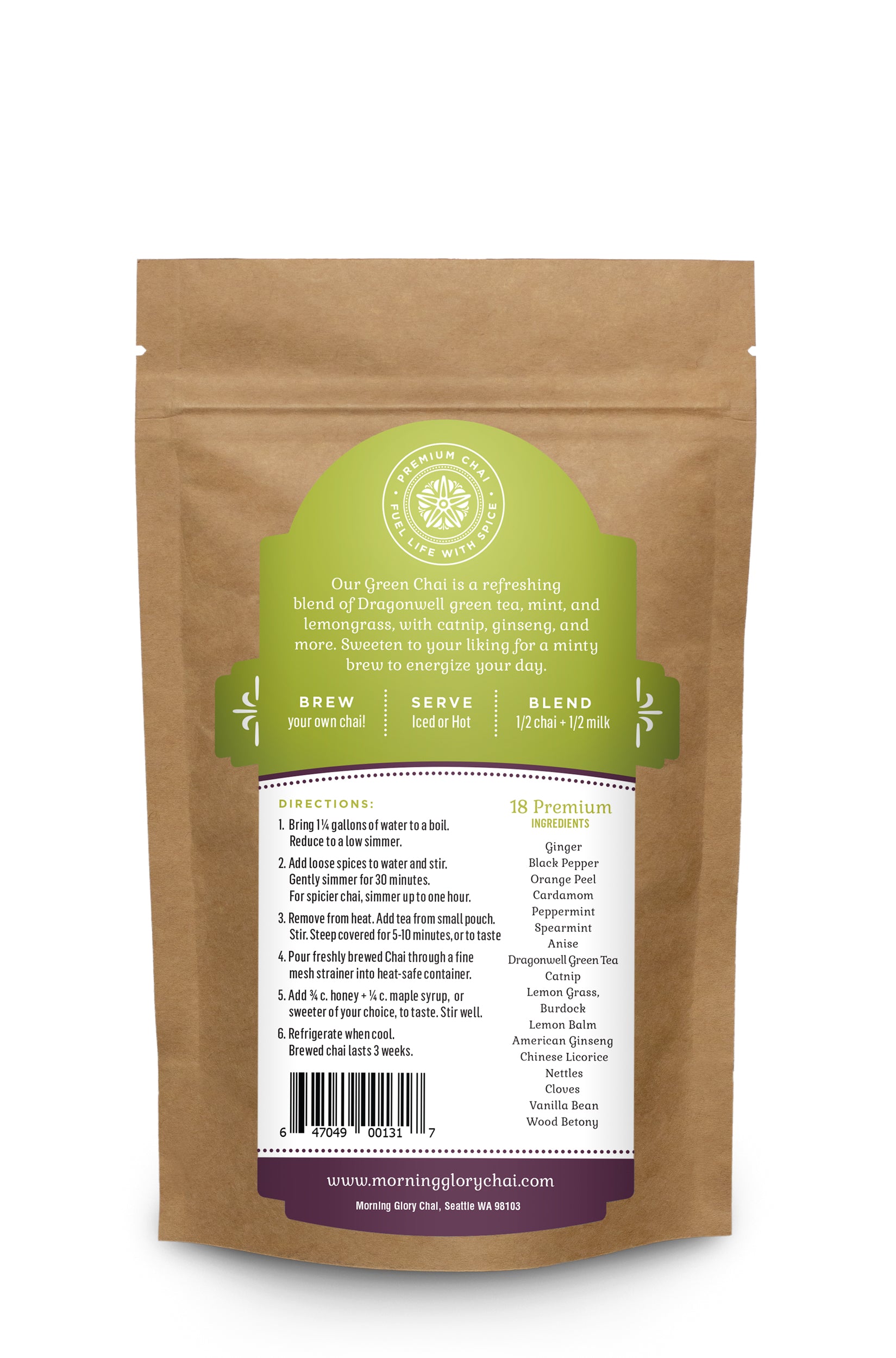 Green Chai 3.5 oz stand up pouch loose leaf tea back label dragonwell green tea peppermint spearmint lemon grass catnip nettles burdock ginseng