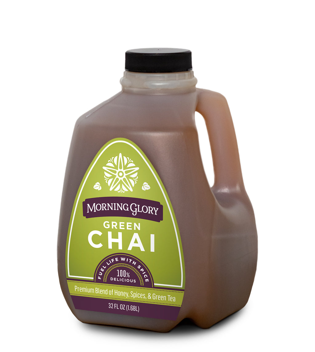 Green Chai 32 oz bottle front label brewed tea contains dragonwell green tea peppermint spearmint lemon grass catnip nettles burdock ginseng honey organic maple syrup