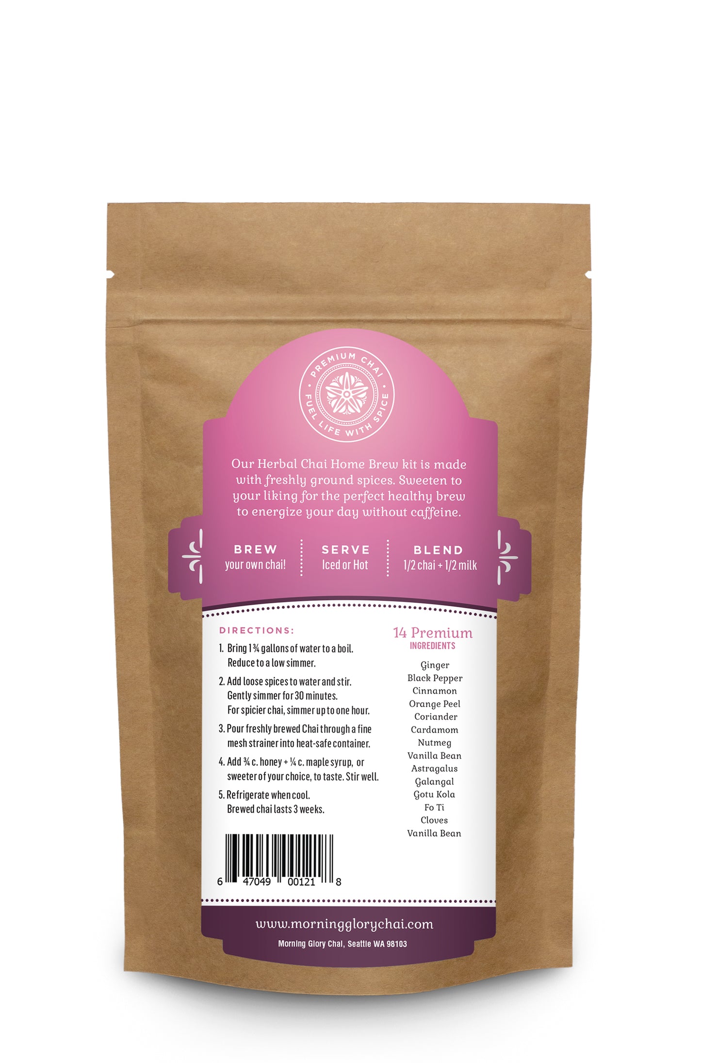 Herbal Chai Home Brew Kit 3.5 oz stand up pouch loose leaf tea back label caffeine free ginger cardamom cinnamon cloves astragalus gotu kola orange peel coriander vanilla bean