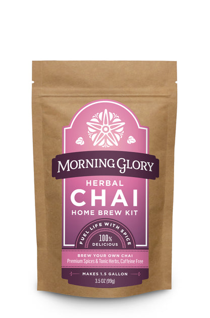 Herbal Chai Home Brew Kit 3.5 oz stand up pouch loose leaf tea front label caffeine free ginger cardamom cinnamon cloves astragalus gotu kola orange peel coriander vanilla bean