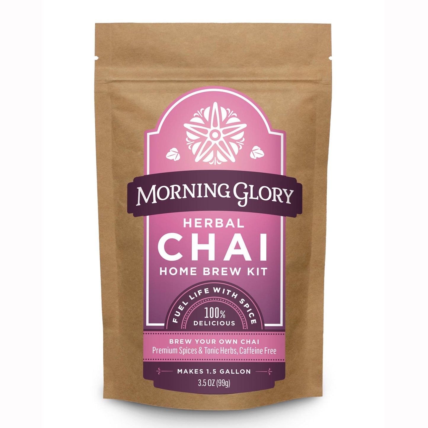 Herbal Chai Home Brew Kit 3.5 oz stand up pouch loose leaf tea front label caffeine free ginger cardamom cinnamon cloves astragalus gotu kola orange peel coriander vanilla bean