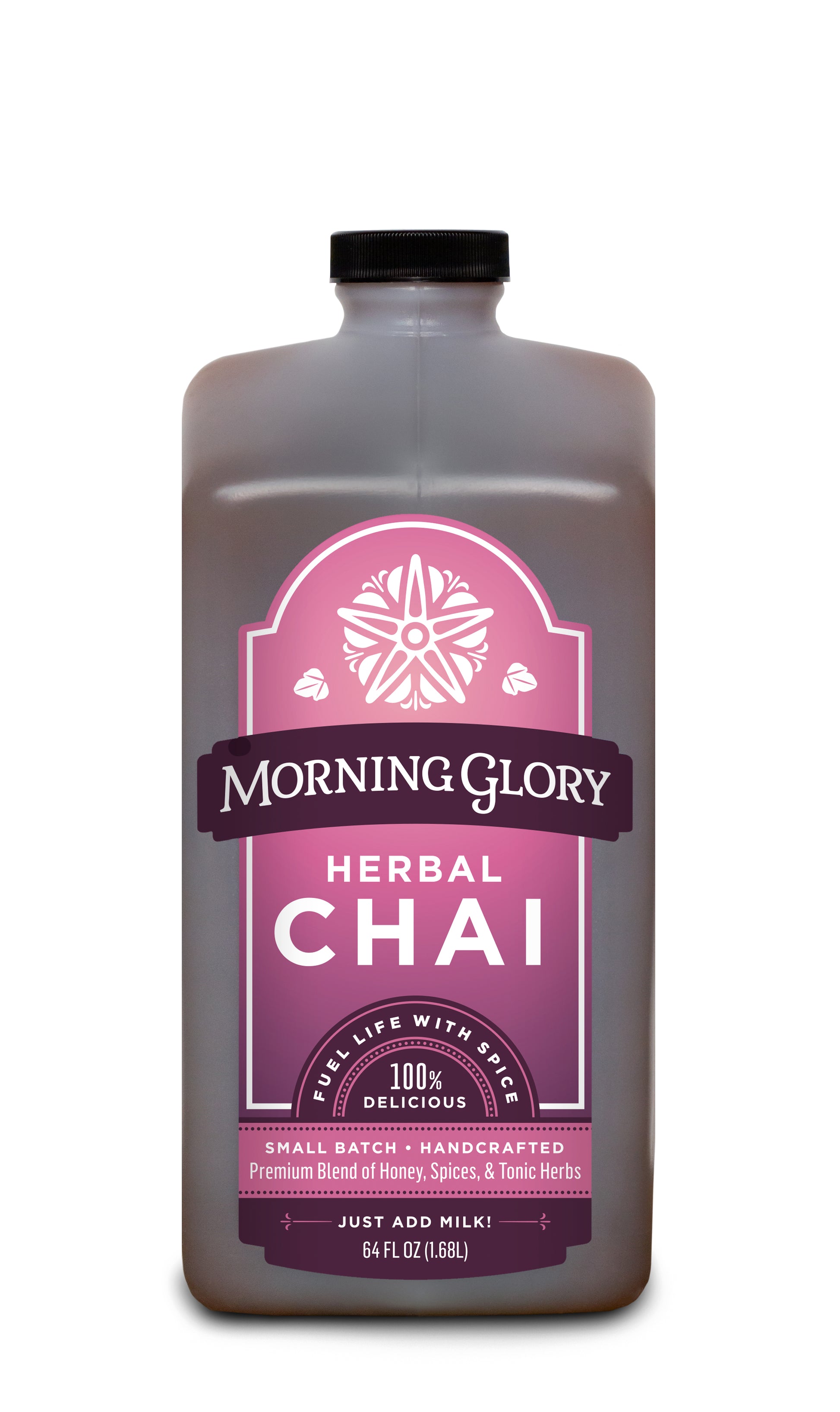 Herbal Chai 64 oz bottle front label brewed herbal chai caffeine free ginger cardamom cinnamon black pepper cloves astragalus gotu kola orange peel coriander vanilla bean honey organic maple syrup