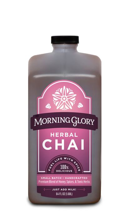Herbal Chai 64 oz bottle front label brewed herbal chai caffeine free ginger cardamom cinnamon black pepper cloves astragalus gotu kola orange peel coriander vanilla bean honey organic maple syrup