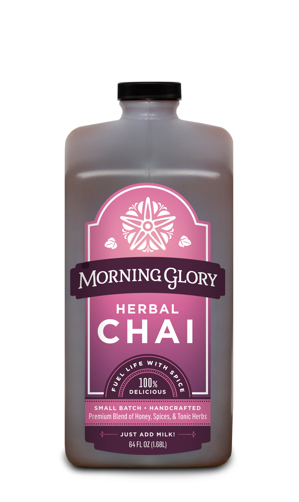 Herbal Chai 64 oz bottle front label brewed herbal chai caffeine free ginger cardamom cinnamon black pepper cloves astragalus gotu kola orange peel coriander vanilla bean honey organic maple syrup