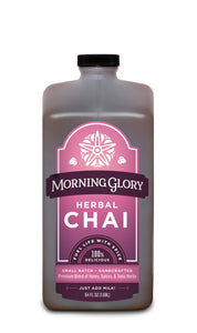 Herbal Chai 64 oz bottle front label brewed herbal chai caffeine free ginger cardamom cinnamon black pepper cloves astragalus gotu kola orange peel coriander vanilla bean honey organic maple syrup