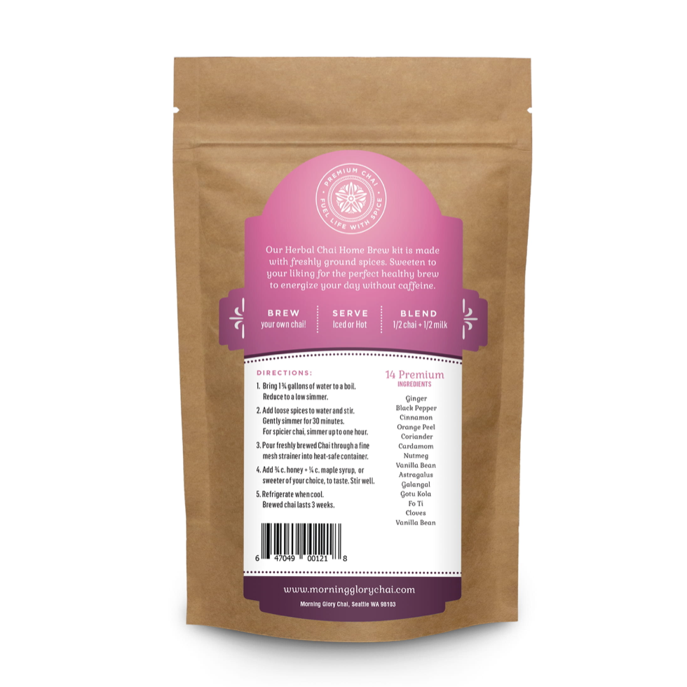 Herbal Chai Home Brew Kit 3.5 oz stand up pouch loose leaf tea back label caffeine free ginger cardamom cinnamon cloves astragalus gotu kola orange peel coriander vanilla bean