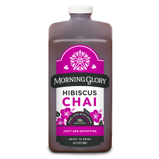 Hibiscus Chai 64 oz bottle front label brewed organic hibiscus cinnamon cardamom black pepper cloves astragalus gotu kola coriander vanilla bean honey