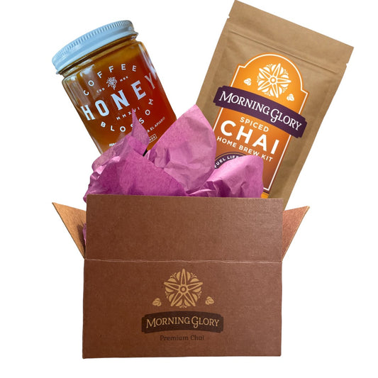 12 oz jar of Coffee Blossom honey and Spiced Chai Home Brew Kit 3.5 oz loose leaf chai brewing kit gift box