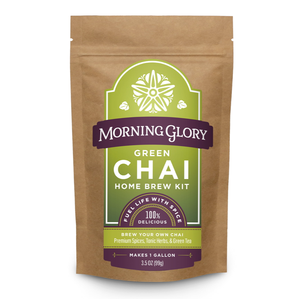 Green Chai 3.5 oz stand up pouch loose leaf tea front label dragonwell green tea peppermint spearmint lemon grass catnip nettles burdock ginseng